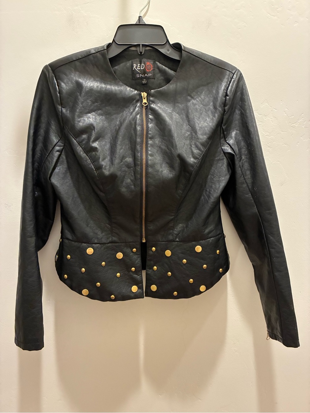 Red Snap Black Faux Leather Jacket with Gold Stud Detail